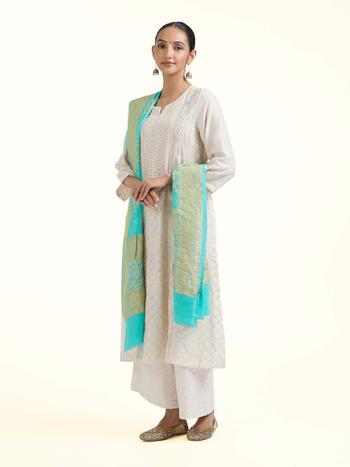 Side view of Turquoise Bandhani Tie & Dye Dupatta highlighting the detailed craftsmanship and elegant silhouette