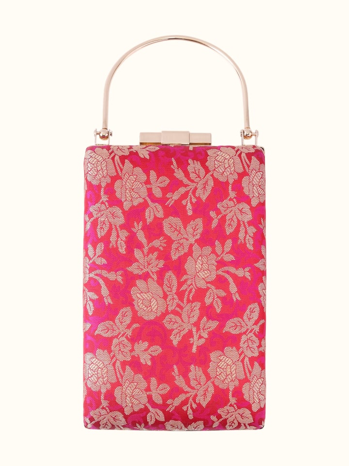 Front view of Pink Banarasi Silk Handbag showing the front design and silhouette