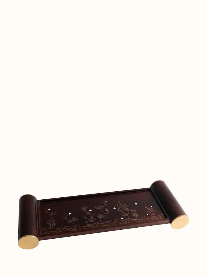 Angled view of the Kamal Tarkashi Teak Wood Tray Medium