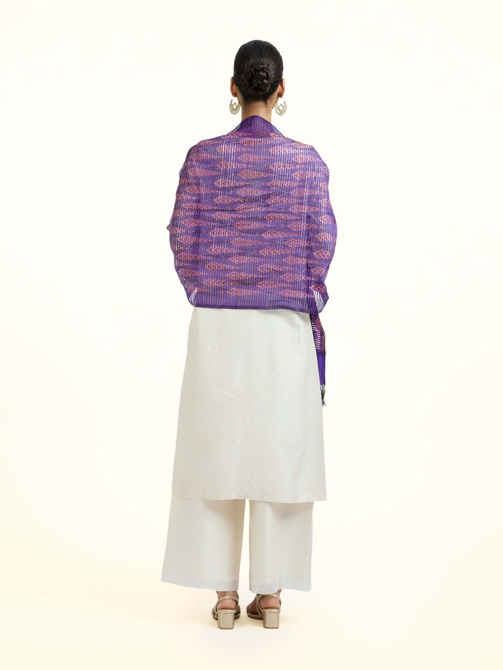 Back view of the Blue Silk Pochampally Warp Ikat Stole