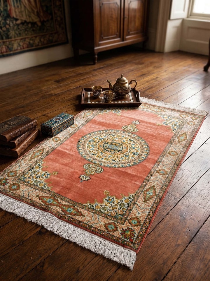 Lifestyle view of the Traditional Persian Rust Opan Kashmir Silk Hand-Knotted Carpet