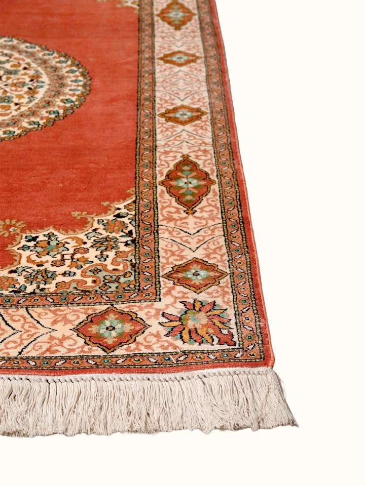 Close-up view of Traditional Persian Rust Opan Kashmir Silk Hand-Knotted Carpet highlighting the hand-knotted weave and motif detail