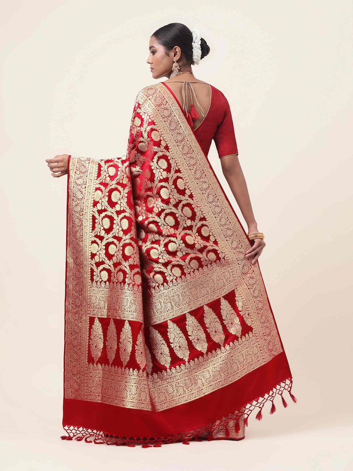 Back view of Ruby Wine Mulberry Satin Silk Banarasi Saree displaying full drape and design