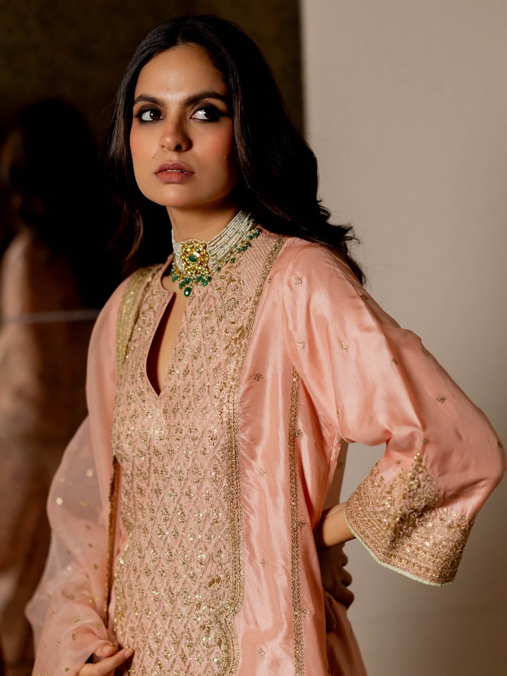 Alternate angled view of the Blush Pink Silk Hand Daman Embroidered Long Yoke Kurta Set (2 Pcs)