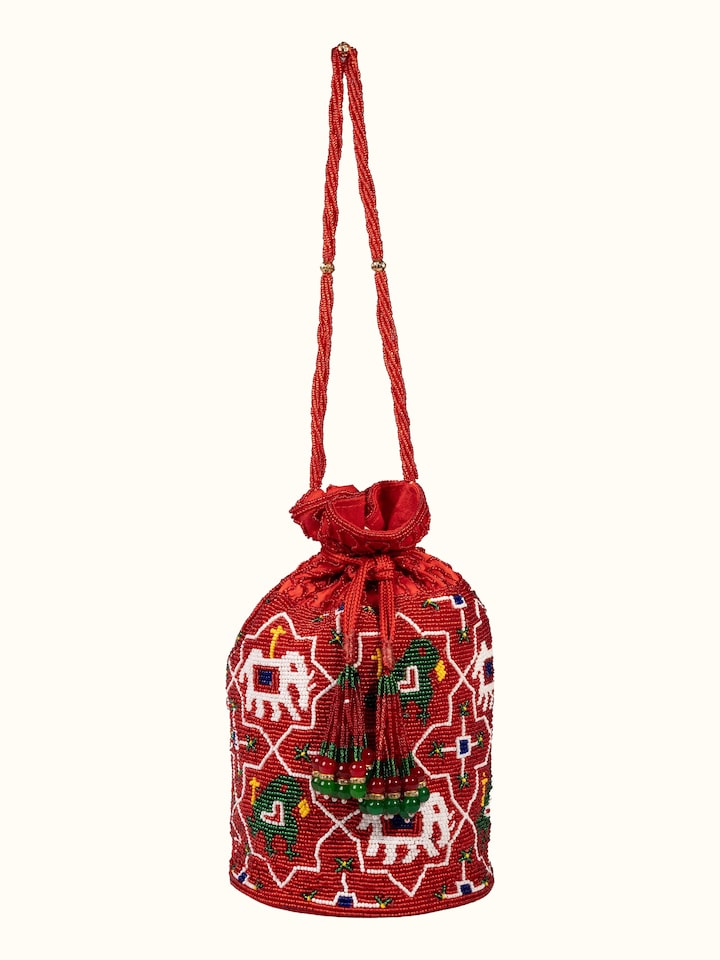 Front view of Beadwork Red Potli Bag showing the front design and silhouette