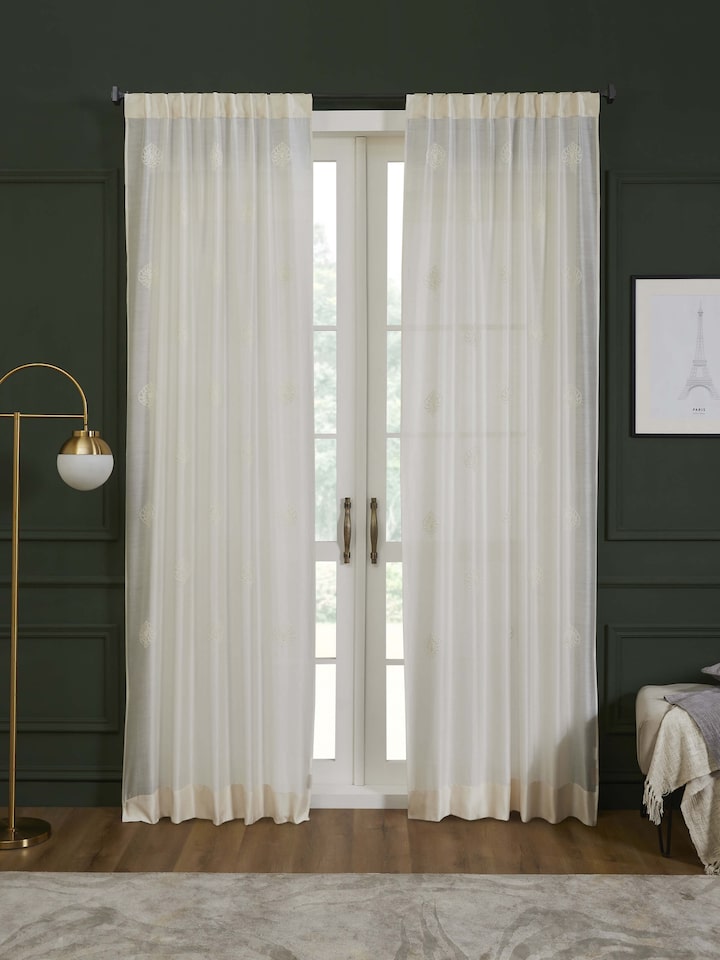Razza Ivory Buti Cotton Silk Kashmir Chain Stitch Hand Embroidery Sheer Curtain (9 Ft)