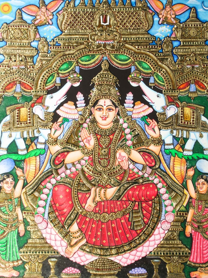 Front detail view of the Gaja Lakshmi Ornate Thanjavur Painting
