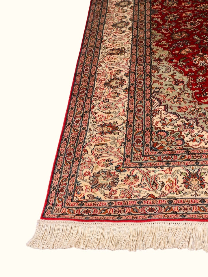 Lifestyle view of the Traditional Persian Red Ivory Kashan Kashmir Silk Hand-Knotted Carpet