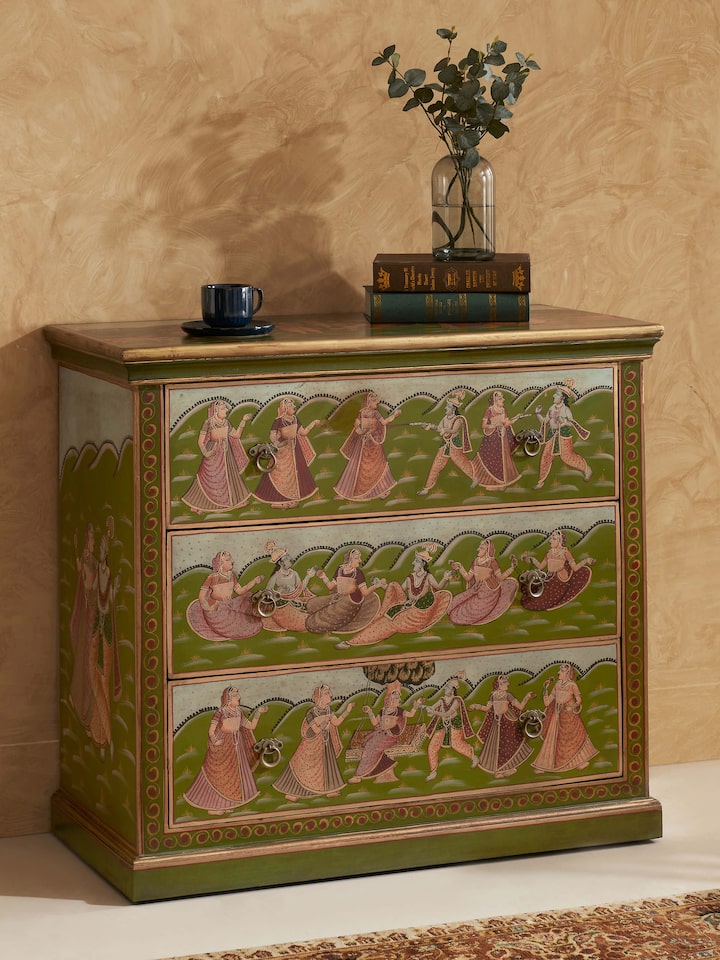 Front view of Miniature Painted Chest (3-Drawers) featuring vibrant hand-painted designs and compact storage.