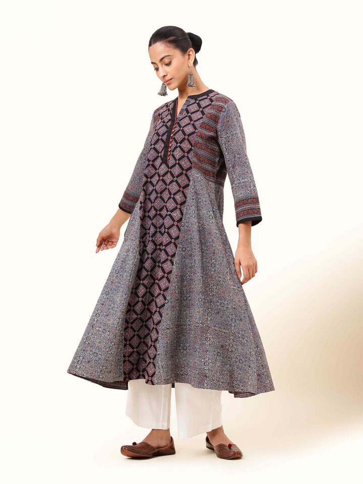 Front view of Black Cotton Ajrakh Block Printed Flared Kurta showcasing deep black cotton with vibrant Ajrakh prints