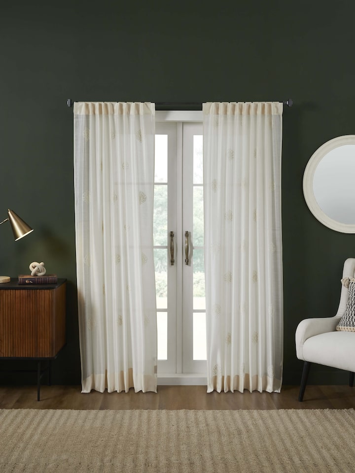 Razza Ivory Buti Cotton Silk Kashmir Chain Stitch Hand Embroidery Sheer Curtain (7 Ft)