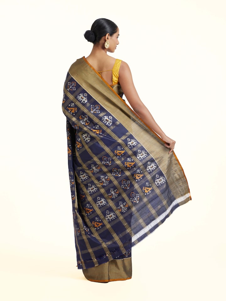 back view of blue pochampally ikat silk saree
