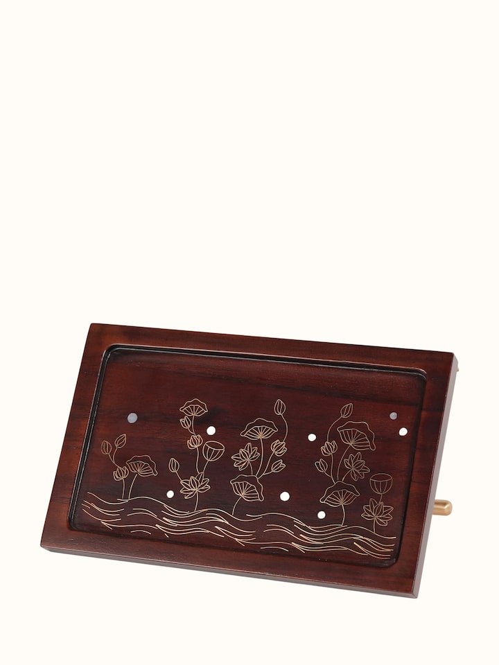 Angled view of the Kamal Tarkashi Teak Wood Tissue Holder
