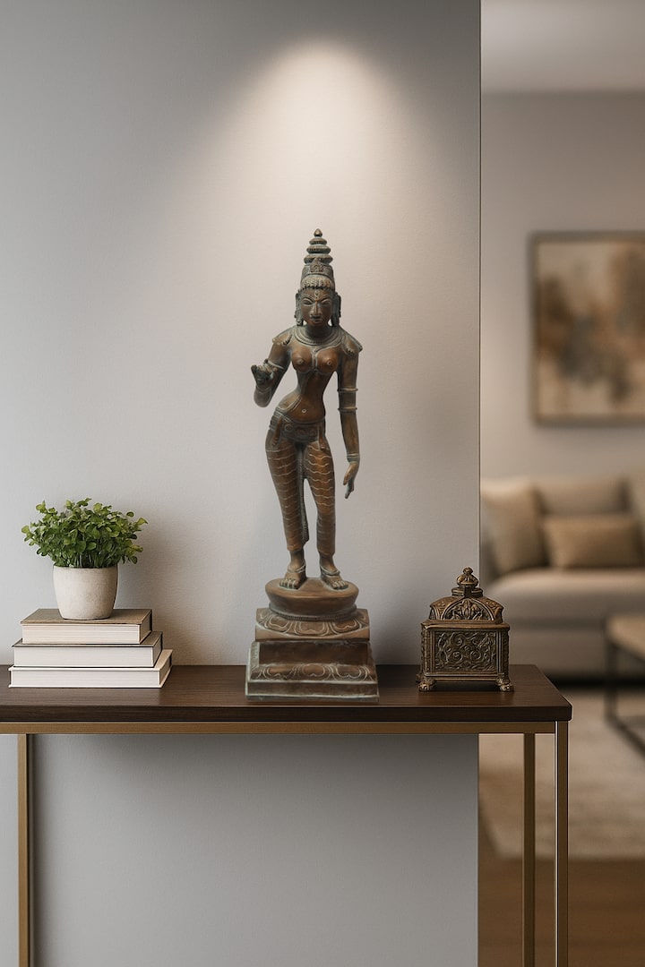 Antique bronze casting Goddess Parvati idol with traditional Indian sculpture detailing