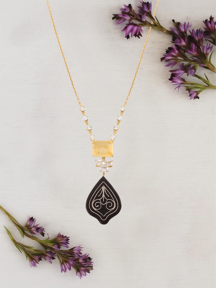 Lifestyle view of Tarkashi Silver Long Necklace