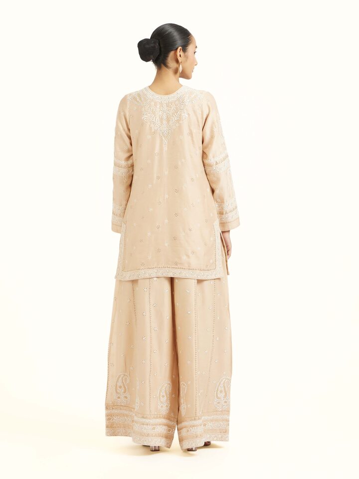 Back view of beige silk chikankari kurta displaying overall design