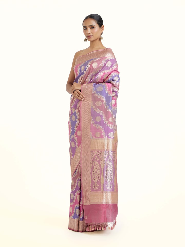 Side view of Banarasi Rangkat Silk Saree highlighting the detailed craftsmanship and elegant silhouette