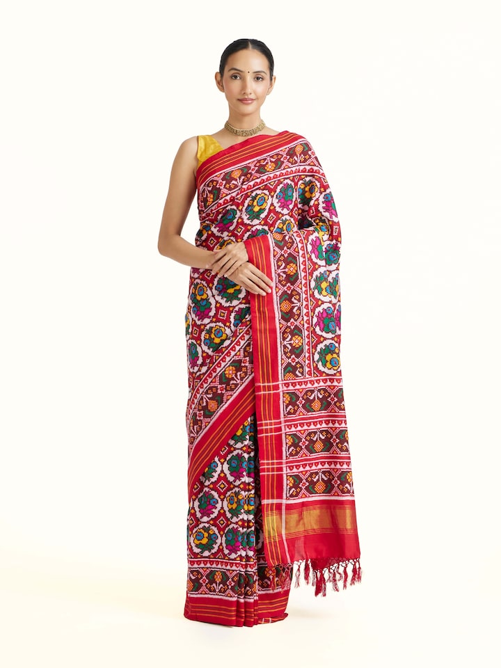 Front view of Red Patan Patola Saree showcasing its traditional craftsmanship and design