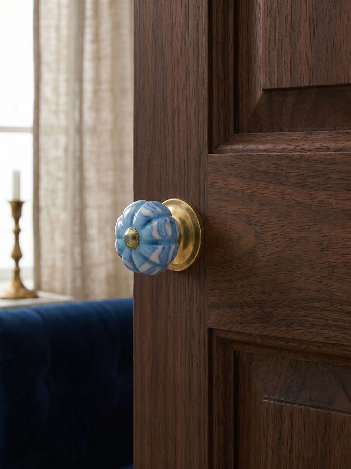 Styled view of Blue Pottery Round Rib Door Knob Set styled in a home setting