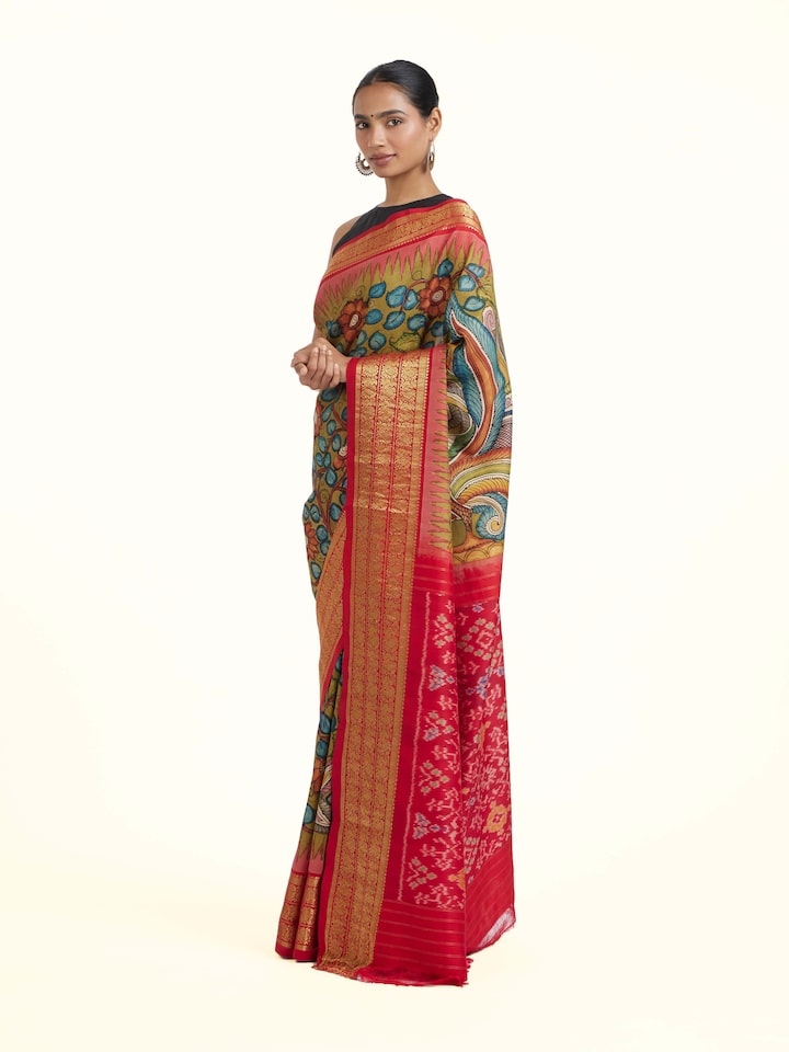 Side view of the Silk Ikat Hand-Painted Kalamkari Saree