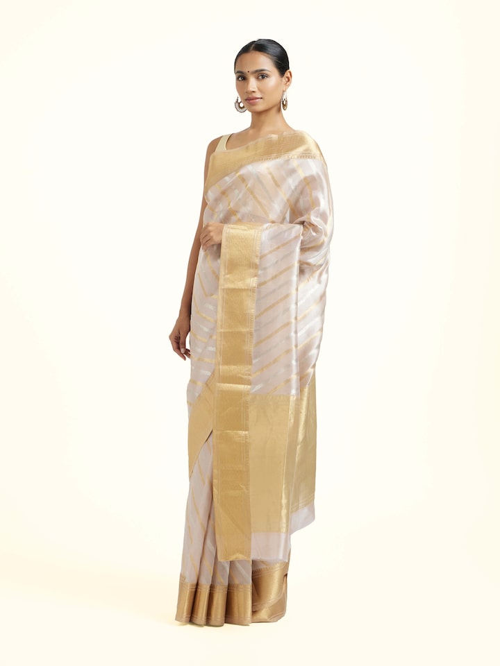 Side view of the Grey Cotton Silk Chanderi Handloom Pattu Saree