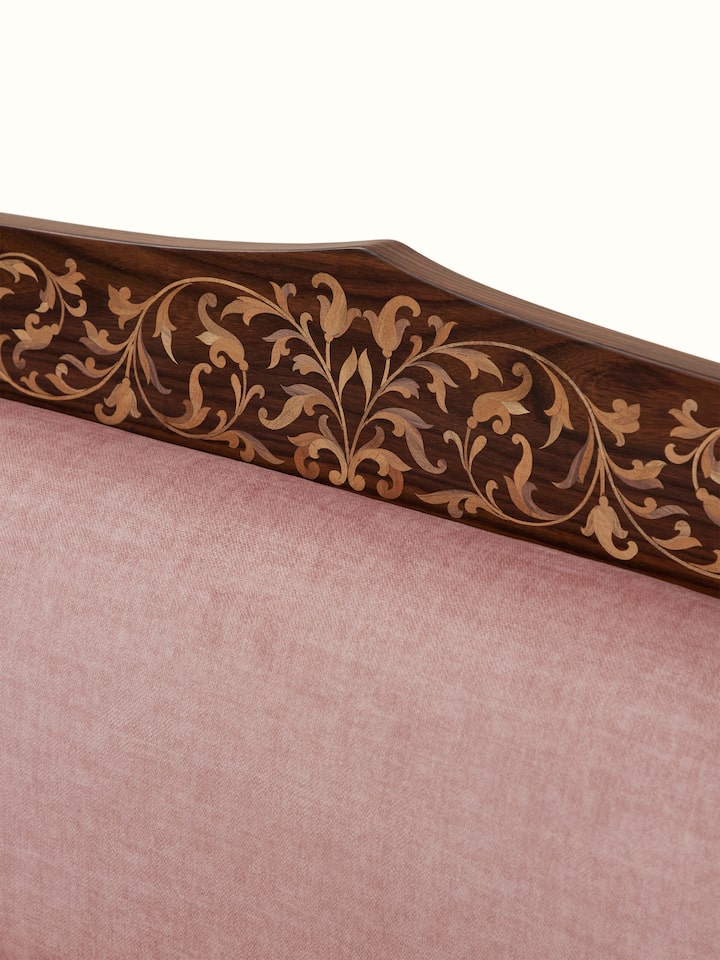 Detail view of Upholstered Mysore Rosewood Inlay 3-seater Sofa highlighting the woodwork and finish detail