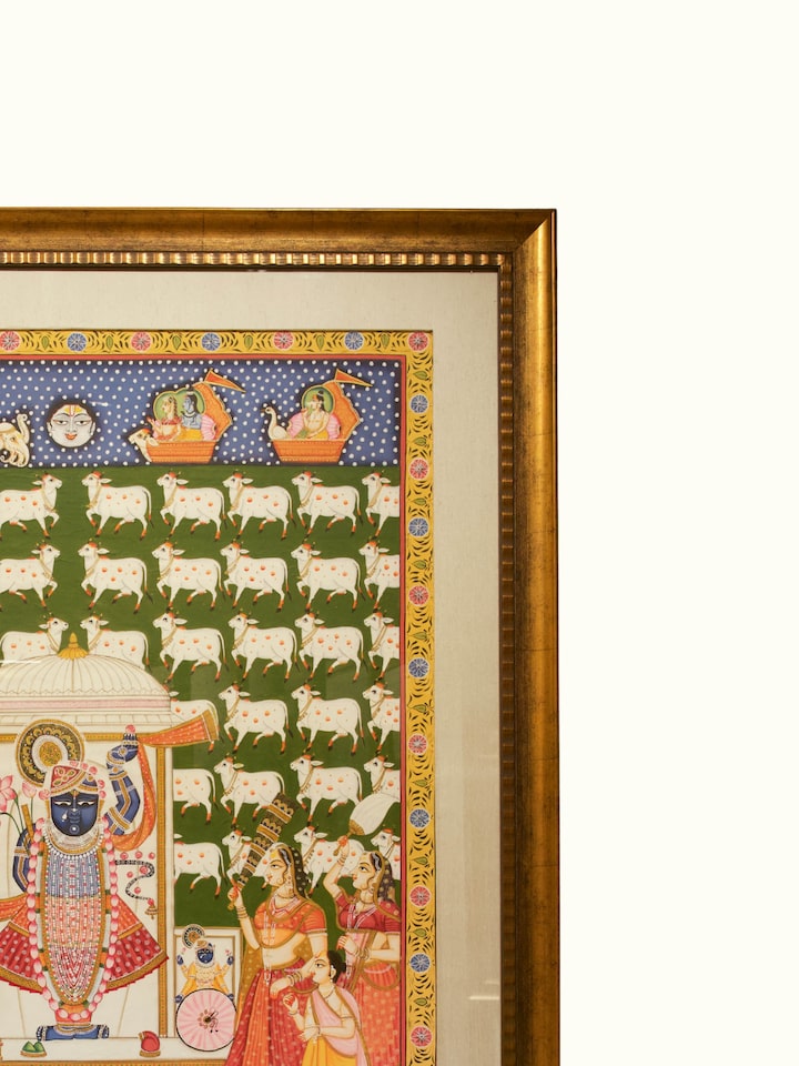 Close-up detail of the Shrinathji Aarti Gopashtami Pichwai Painting
