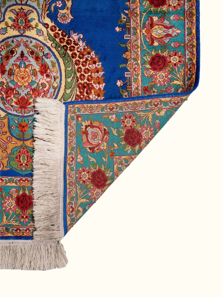 Back view of Traditional Persian Blue Guldani Kashmir Silk Hand-Knotted Carpet showing the reverse weave
