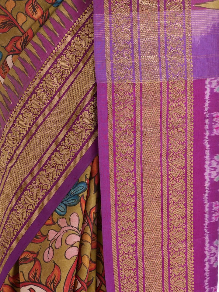 Detailed view of Purple Kalamkari Hand‑Painted Saree focusing on the fine craftsmanship and texture