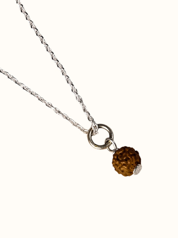 Side-angle view of the Gemstone Panchmukhi Rudraksha Mini Silver Necklace