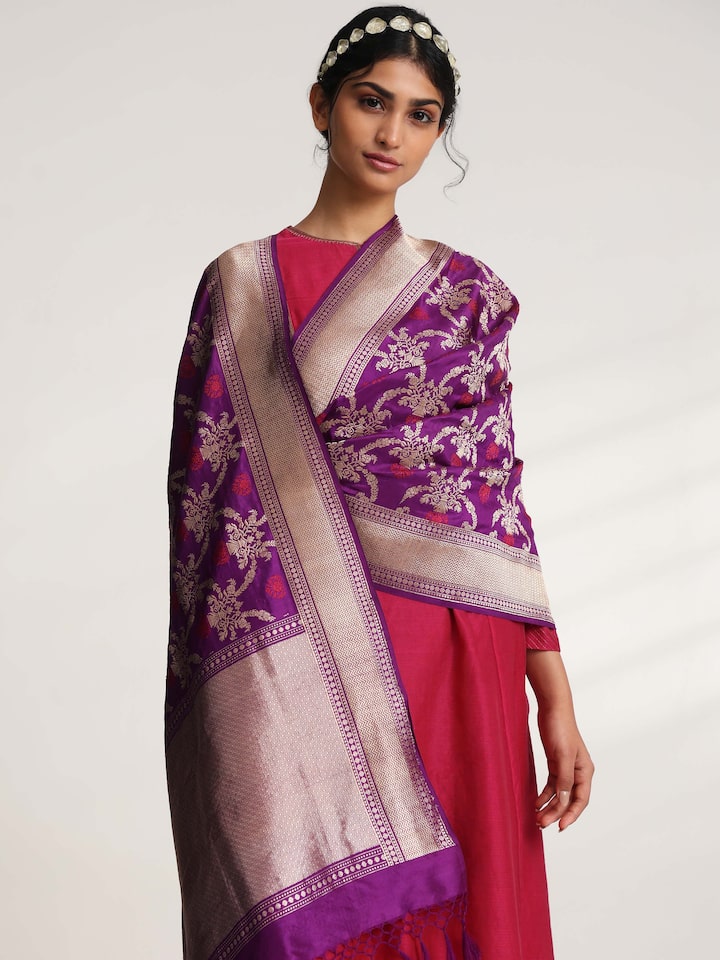 Angled view of purple Banarasi silk kadwa jaal handwoven dupatta highlighting craftsmanship