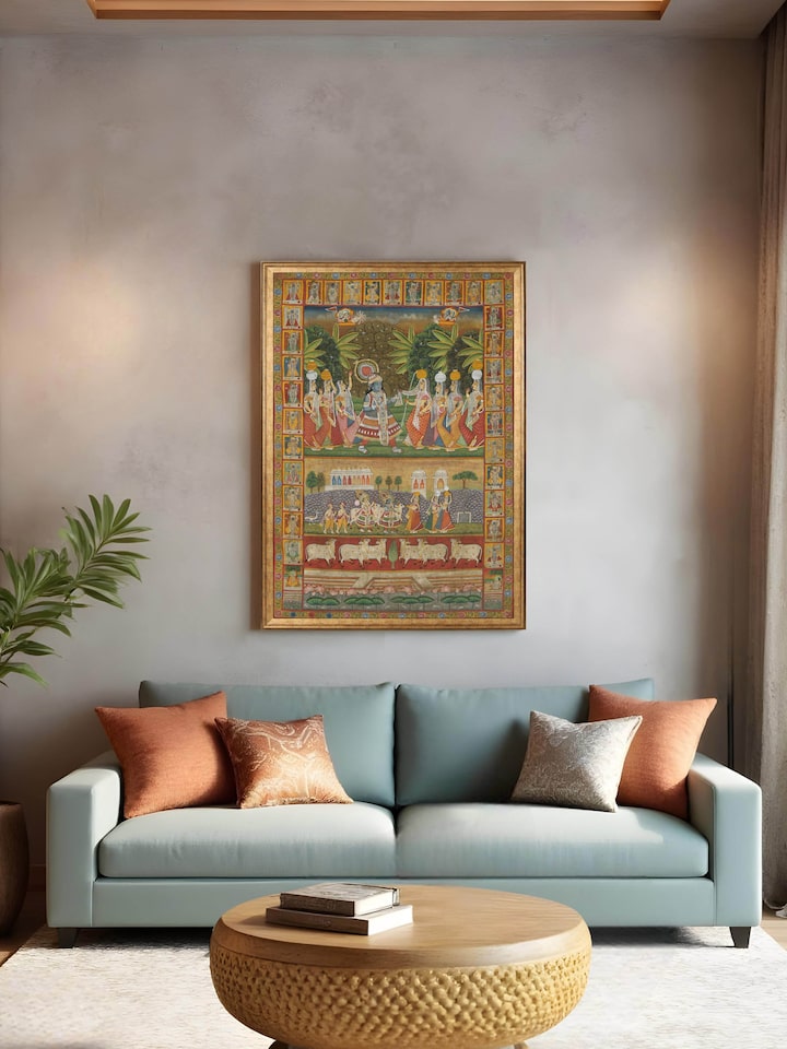 Styled view of Daan Leela Pichwai Painting displayed against a styled backdrop