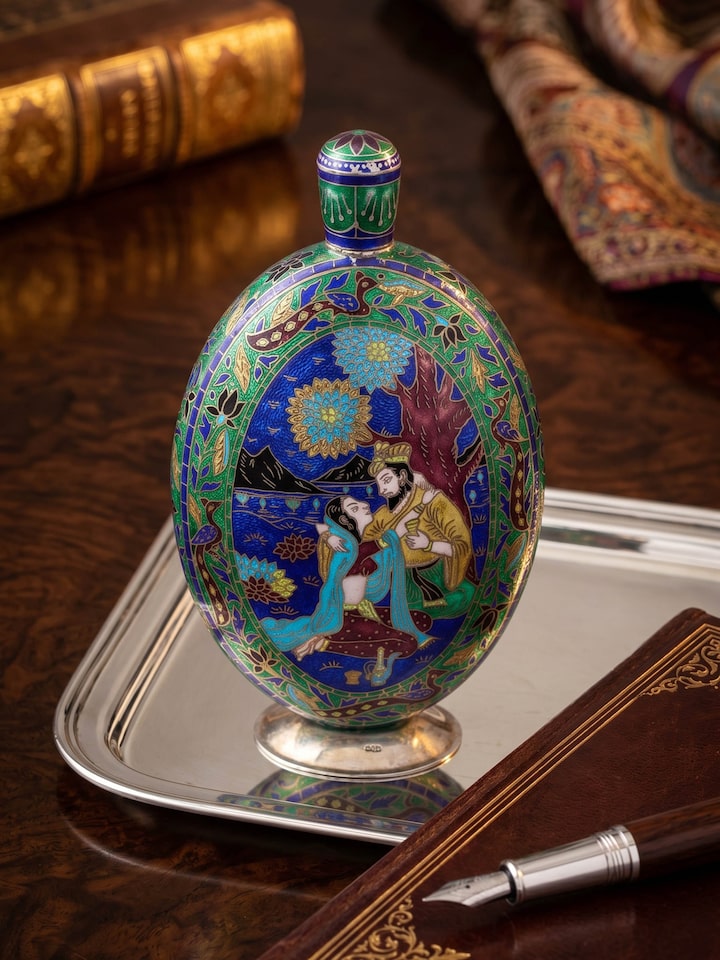 Styled view of Enamelled Silver Flask styled in a home setting