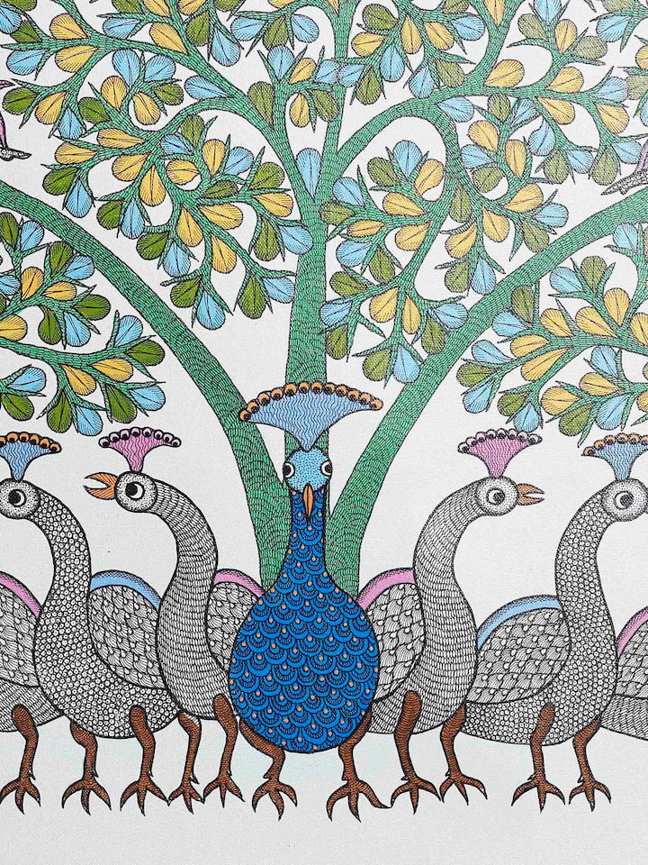 Detail view of the Dancing Peacocks Gond Art