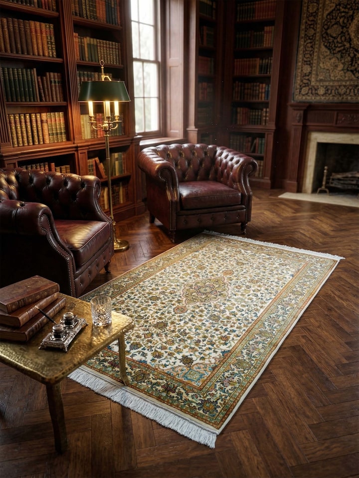 Lifestyle view of the Traditional Persian Ivory Kashan Kashmir Silk Hand-Knotted Carpet