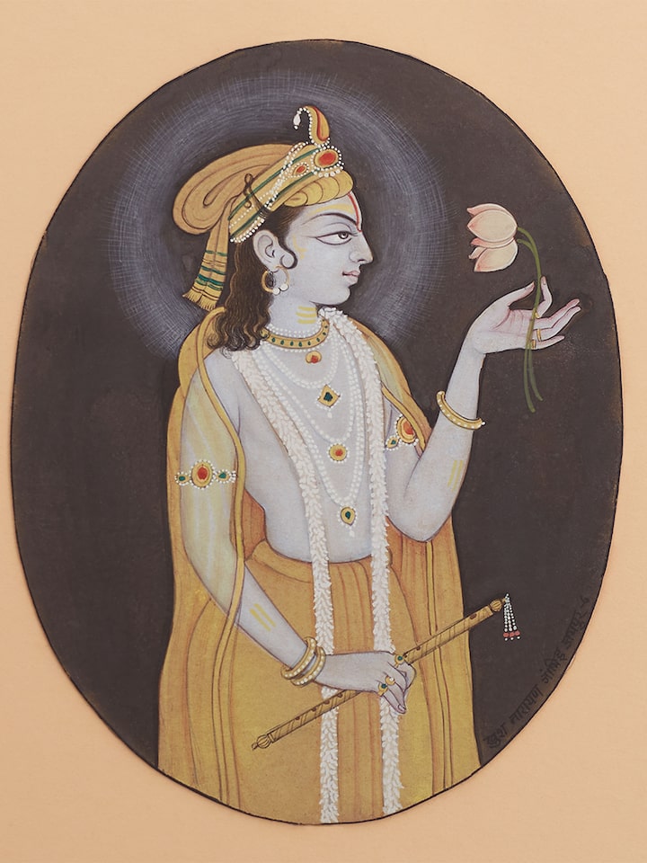 Close-up detail of the Krishna and Radha Miniature Painting