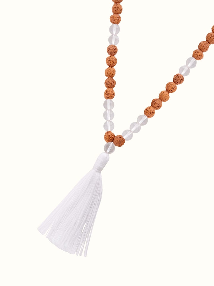 Overhead display of Rudraksha & Sphatik Mala emphasizing bead consistency and handcrafted threading