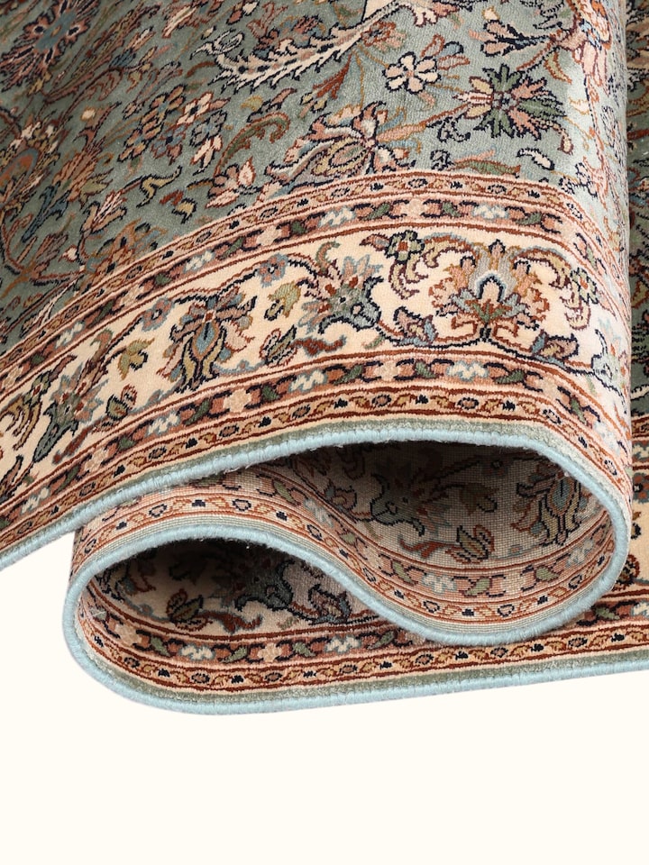 Close-up of the Traditional Persian Sage Cream All-Over Kashmir Silk Hand-Knotted Runner