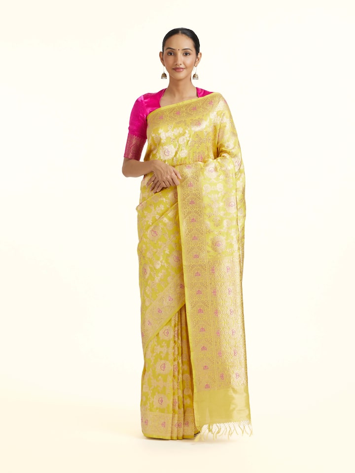 Front view of the Yellow Mulberry Katan Silk Banarasi Saree