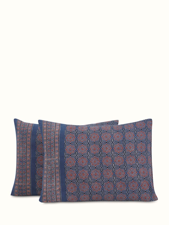 Close-up of Sindh blue jaal cotton ajrakh block printed king bedspread set focusing on the intricate ajrakh block printing