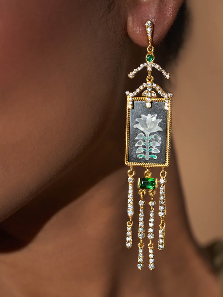 Detail view of Parchinkari Silver Drop Earrings highlighting the stone setting and metalwork detail