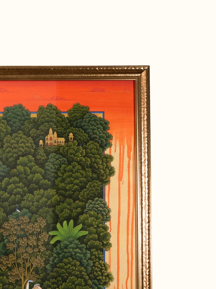 Side detail view of the Krishna Garden Miniature Painting