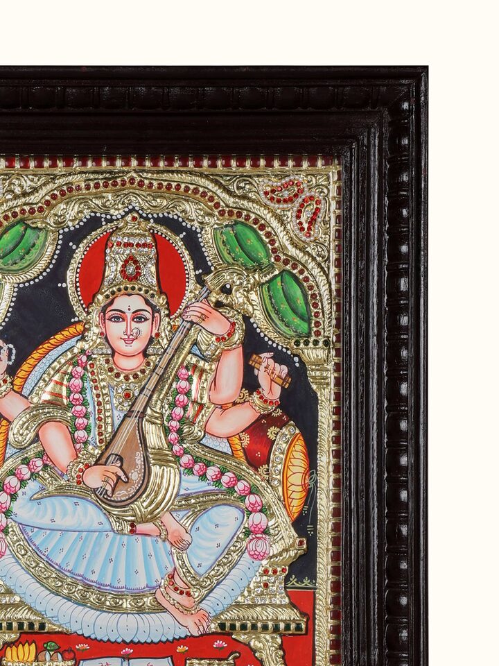Close-up detail of the Sarswathi Thanjavur Painting