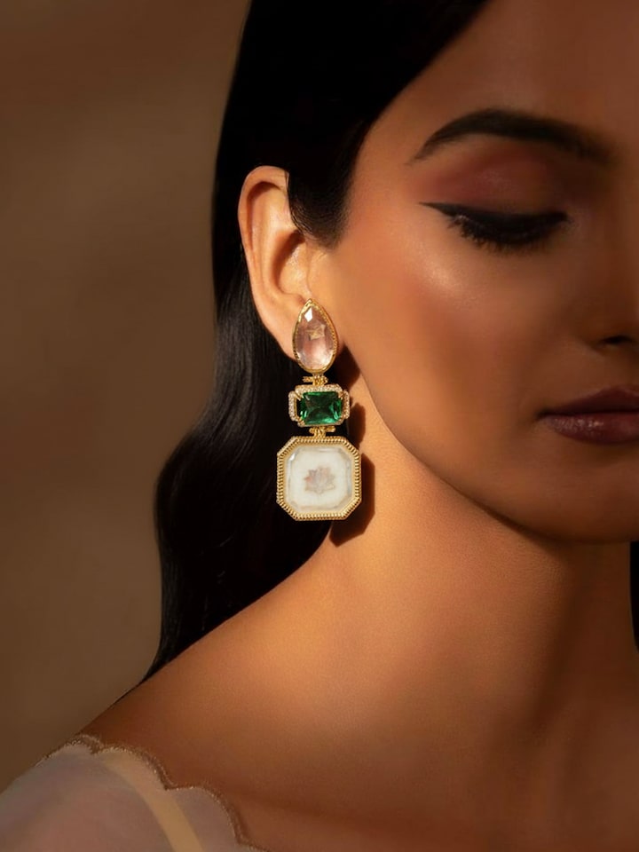 Lifestyle view of the Parchinkari Silver Drop Earrings