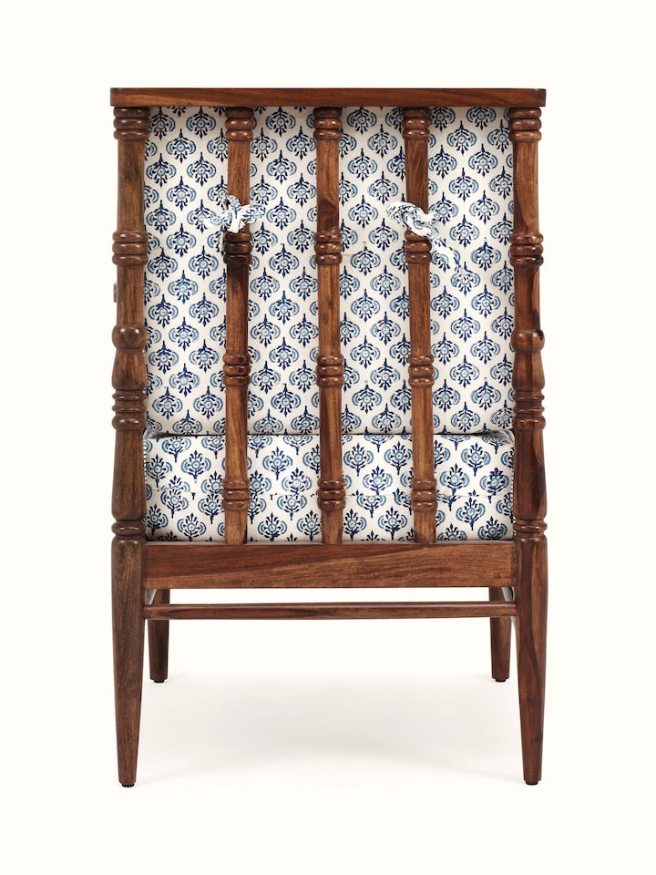back view of upholstered sheesham wood arm chair
