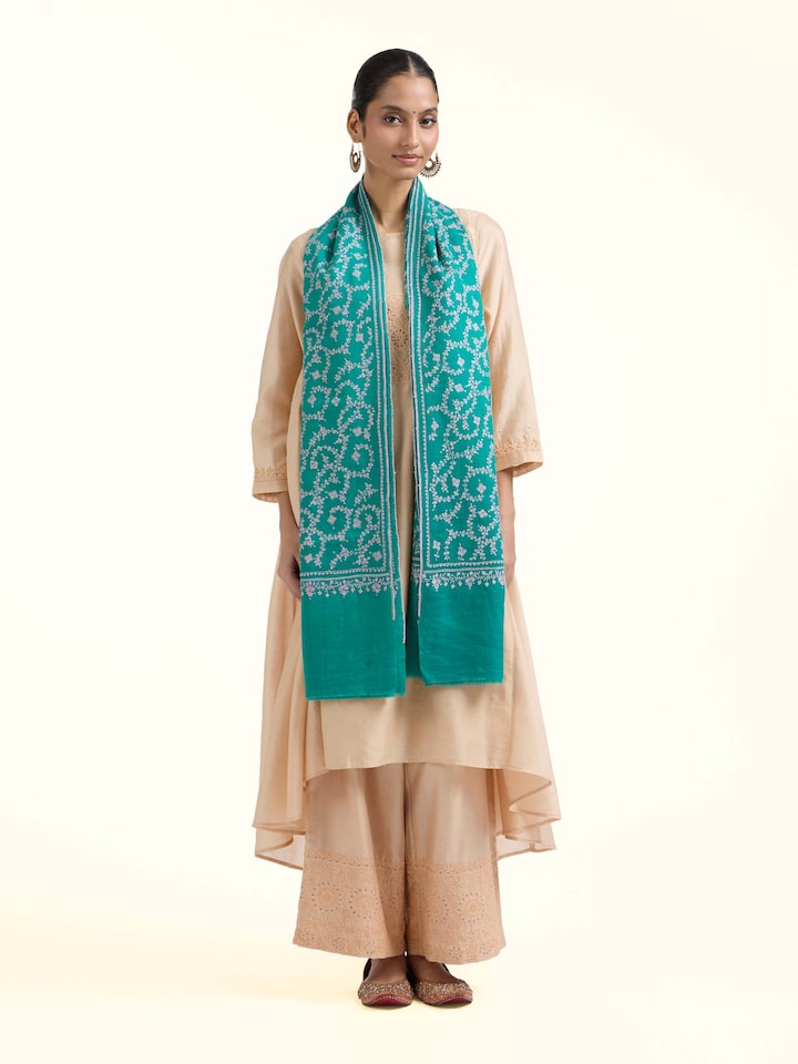 Front view of Wahida Pashmina Sozni Embroidered Stole showing the full length and border pattern