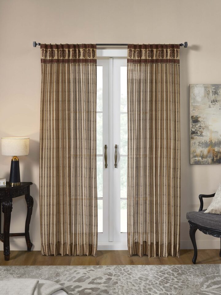 Vasudha Rust Floral Stripe Cotton Silk Bagru Hand Block Print Sheer Curtain (7 Ft)