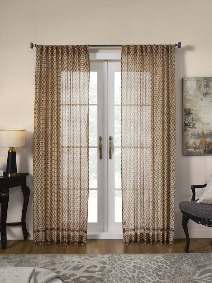 Vasudha Rust Buti Cotton Silk Bagru Hand Block Print Sheer Curtain (7 Ft)