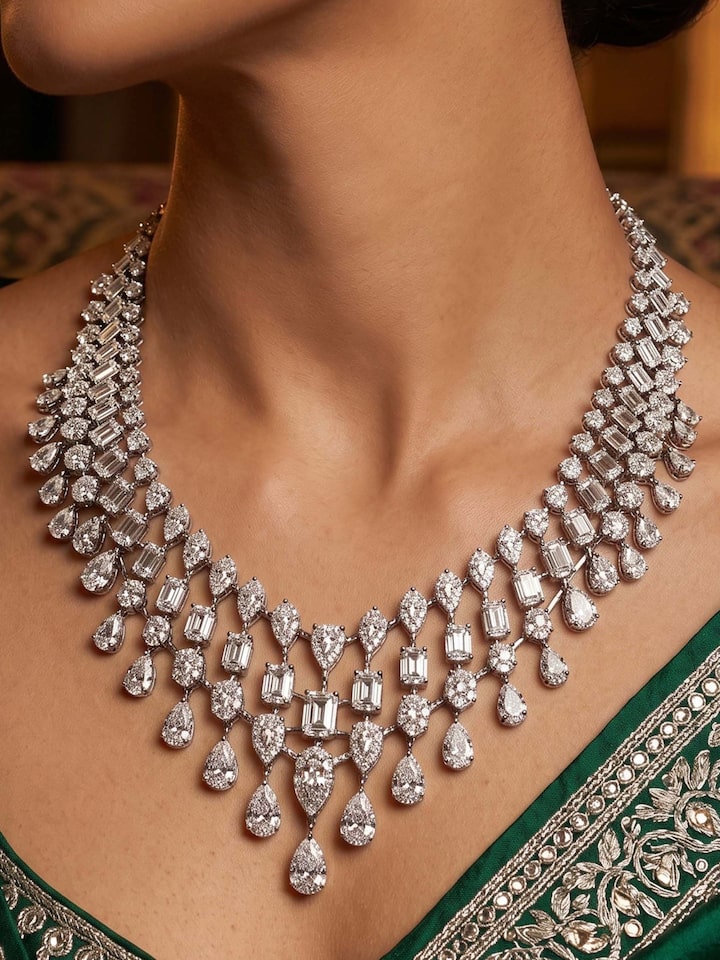 Styled view of Open Setting 18 Karat White Gold Necklace Set with Diamonds worn around the neck, showing how it looks styled, from a different angle