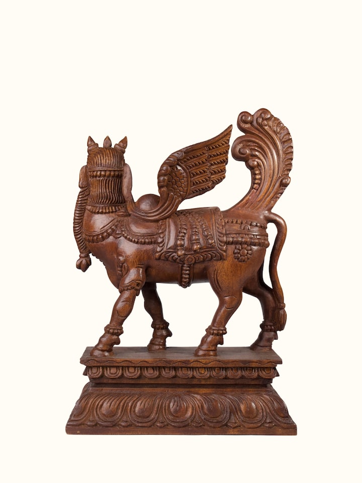 Back view of the Wood Carved Kamadhenu Idol